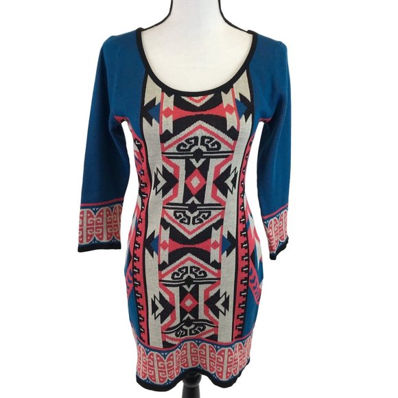 Tribal Patterned Blue and Pink Dress - Picture 1 of 6
